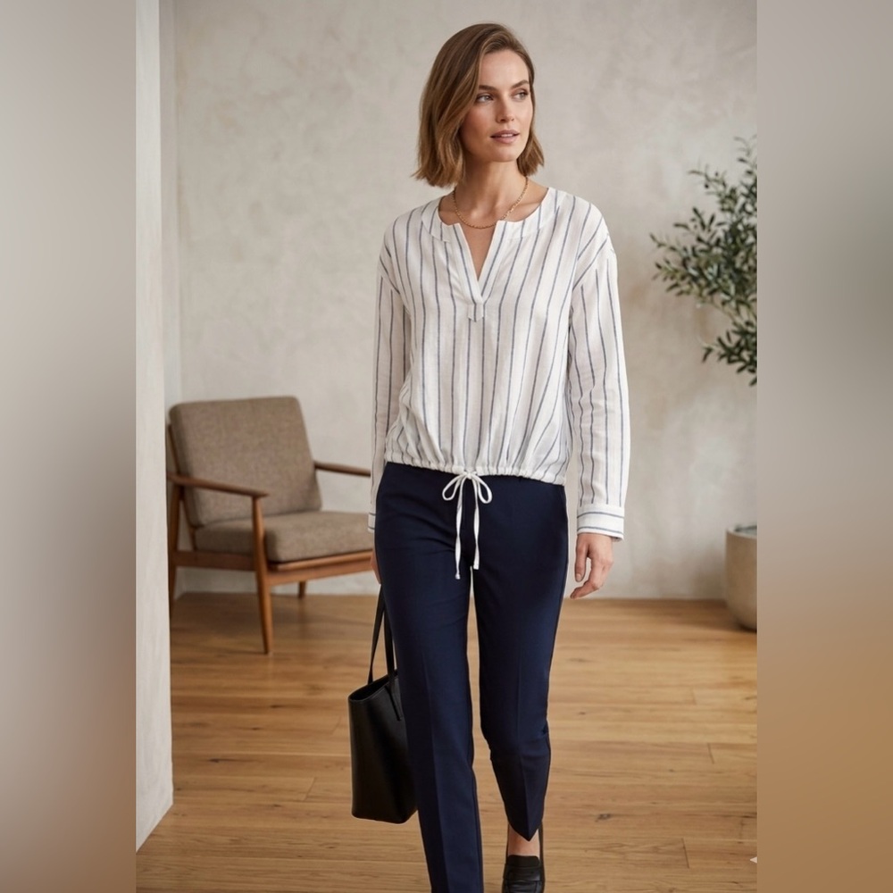 York Street Striped Cream and Navy Drawstring Hem Blouse  NWT Retail $194